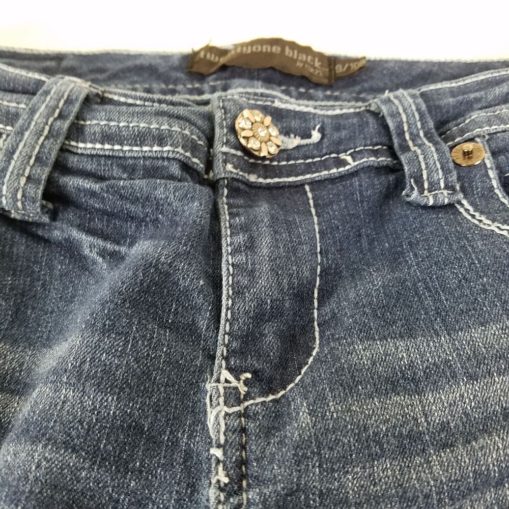 Twenty One Black Jeans Juniors 9 Blue Low Rise Curvy Flare Distressed Denim - Picture 11 of 16